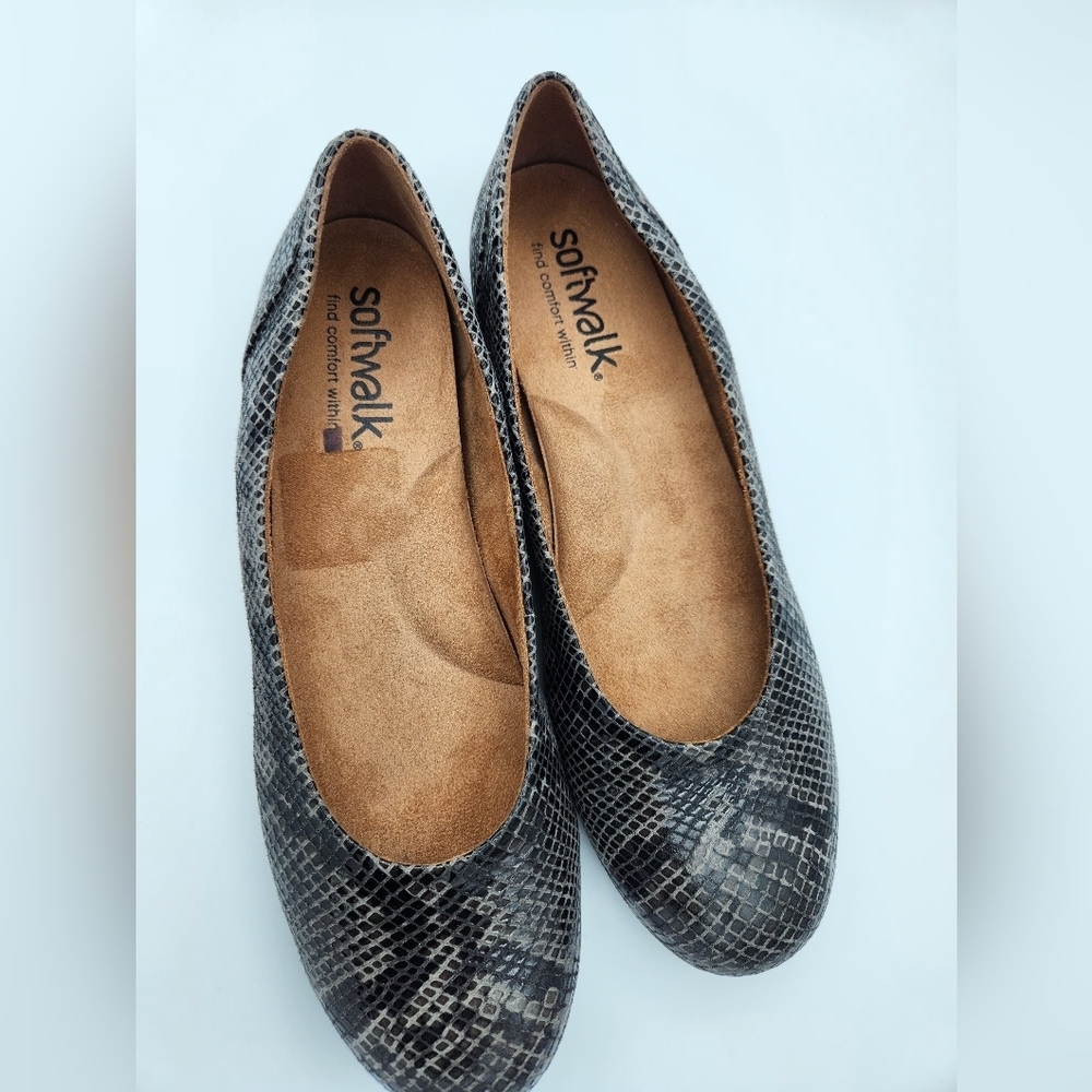 Softwalk Womens Sonoma Gray/Black Leather Ballerina Flats 11 N
